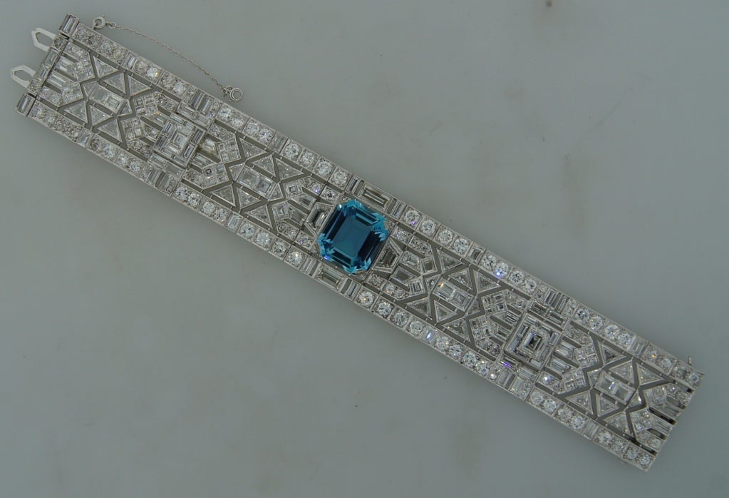 Wide 1960's Aquamarine Diamond & Platinum Bracelet 1