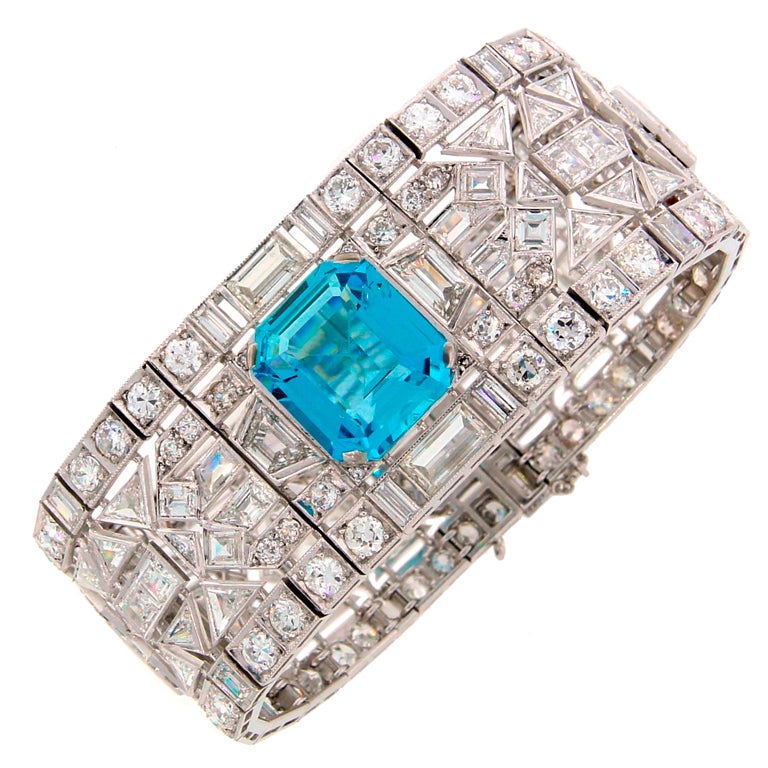Wide 1960's Aquamarine Diamond & Platinum Bracelet
