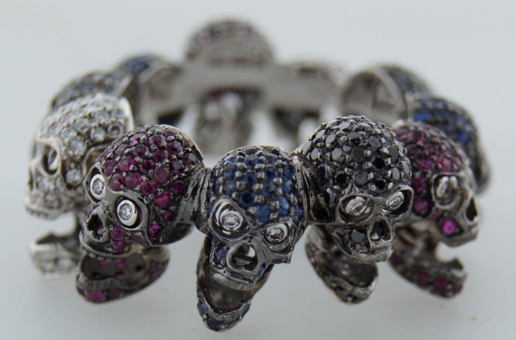 Round Cut Deakin & Francis White Gold Skull Ring with Diamond Ruby Sapphire