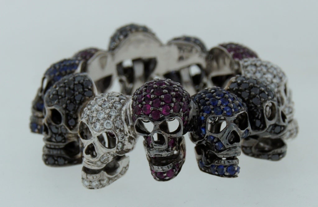 Women's or Men's Deakin & Francis White Gold Skull Ring with Diamond Ruby Sapphire