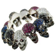 Deakin & Francis White Gold Skull Ring with Diamond Ruby Sapphire