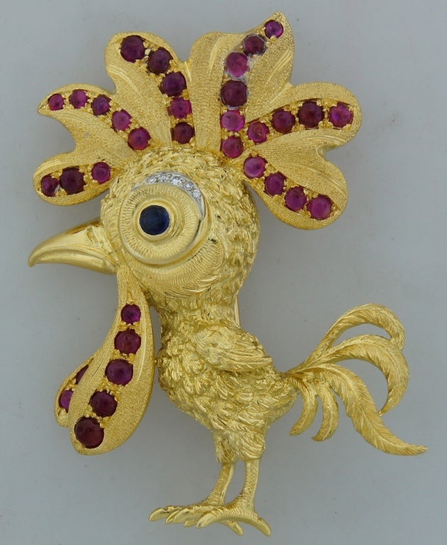 BUCCELLATI Ruby & Yellow Gold Rooster Pin Brooch