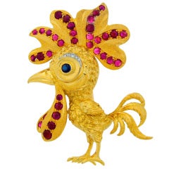 Vintage BUCCELLATI Ruby & Yellow Gold Rooster Pin Brooch