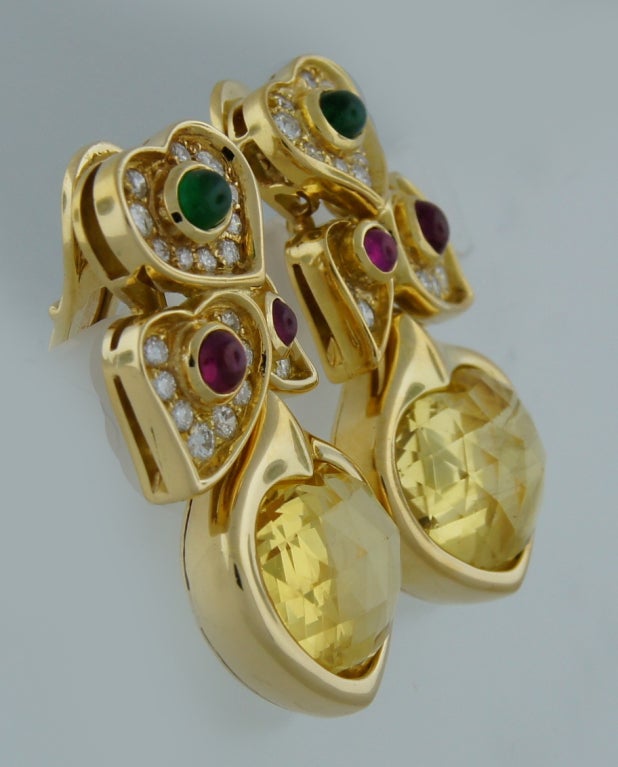 BULGARI Yellow Sapphire Gold Earrings with Diamond Ruby Emerald Bvlgari In Excellent Condition In Beverly Hills, CA