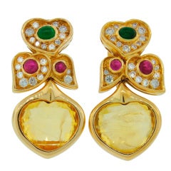 BULGARI Yellow Sapphire Diamond Ruby Emerald & Yellow Gold Earrings 2