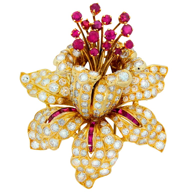 RENE BOIVIN  Diamond Ruby & Yellow Gold Tremblant Brooch Pin For Sale