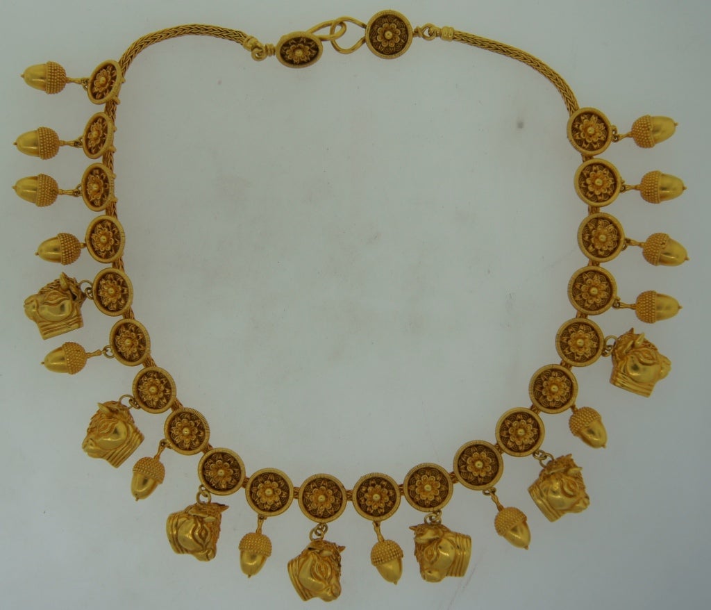 Fabulous Etruscan style necklace created by Greek designer Ilias Lalaounis. It was produced at the Lalaounis workshop in Athens where a 4,000 year old tradition of Greek art is kept alive. Age old techniques such as granulation, filigree and hand