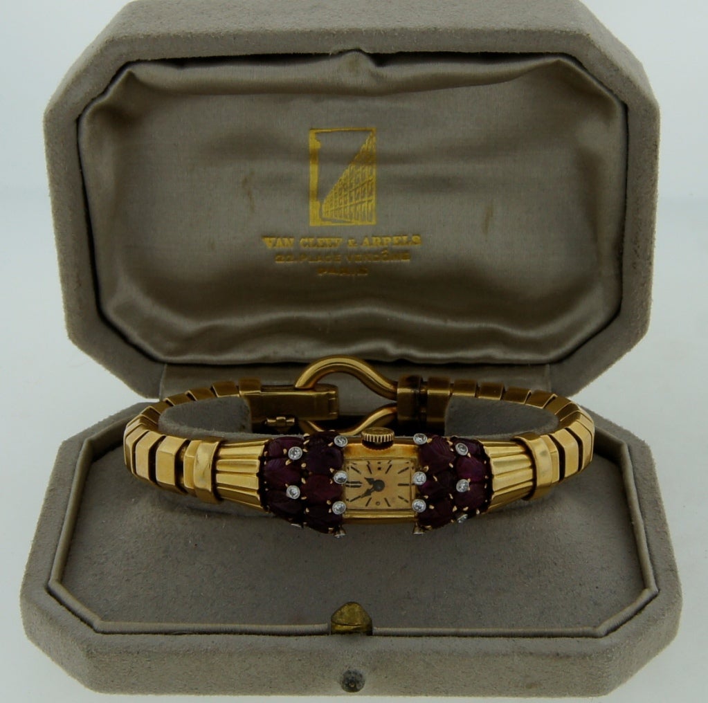 Van Cleef & Arpels Lady's Yellow Gold, Ruby and Diamond Retro Bracelet Watch 6