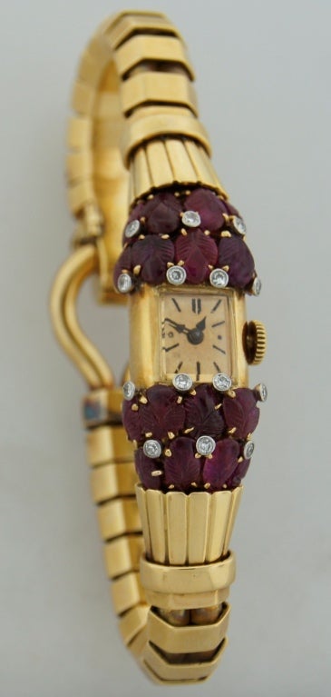 Van Cleef & Arpels Lady's Yellow Gold, Ruby and Diamond Retro Bracelet Watch In Excellent Condition In Beverly Hills, CA