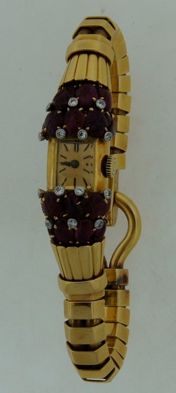 Women's Van Cleef & Arpels Lady's Yellow Gold, Ruby and Diamond Retro Bracelet Watch