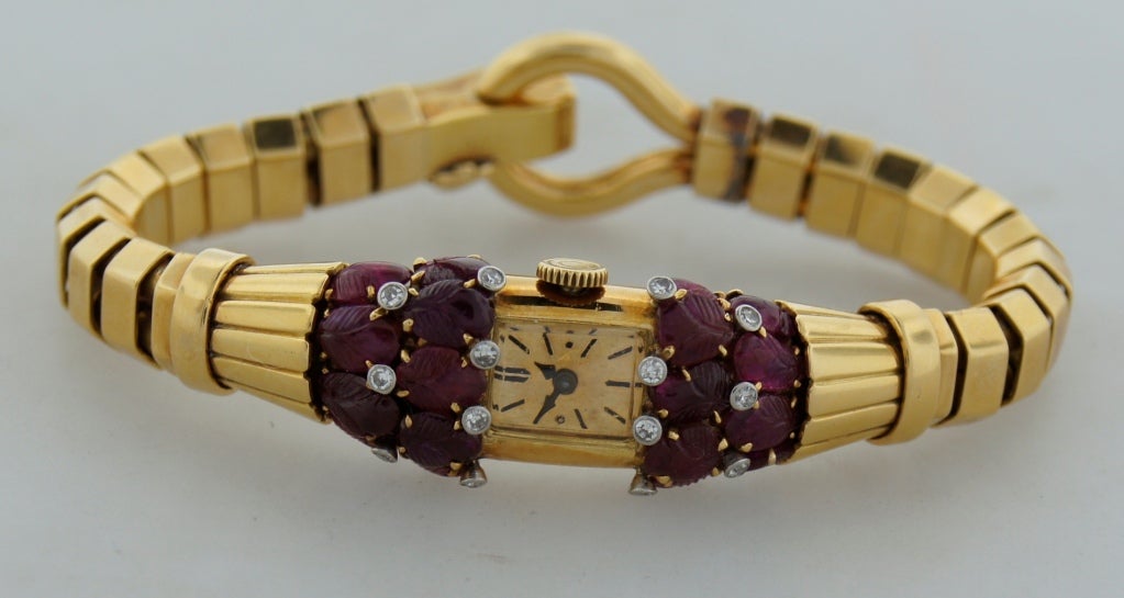 Van Cleef & Arpels Lady's Yellow Gold, Ruby and Diamond Retro Bracelet Watch 2