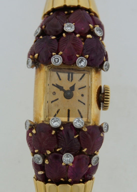 Van Cleef & Arpels Lady's Yellow Gold, Ruby and Diamond Retro Bracelet Watch 3