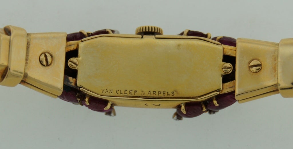 Van Cleef & Arpels Lady's Yellow Gold, Ruby and Diamond Retro Bracelet Watch 4