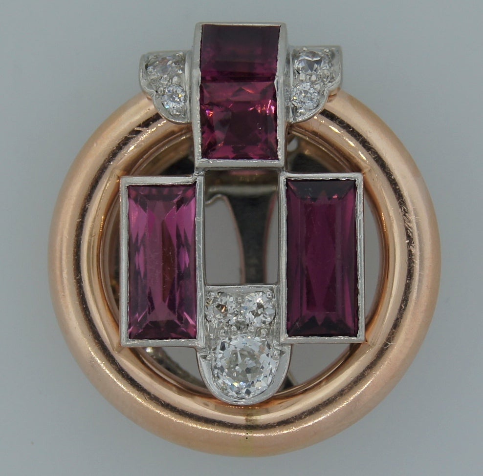 Art Deco Cartier 1920s Diamond Pink Tourmaline & Rose Gold Clip Pin Brooch