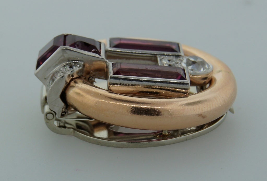 Cartier 1920s Diamond Pink Tourmaline & Rose Gold Clip Pin Brooch In Excellent Condition In Beverly Hills, CA