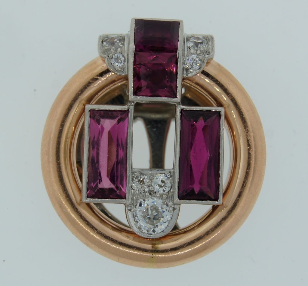 Women's or Men's Cartier 1920s Diamond Pink Tourmaline & Rose Gold Clip Pin Brooch