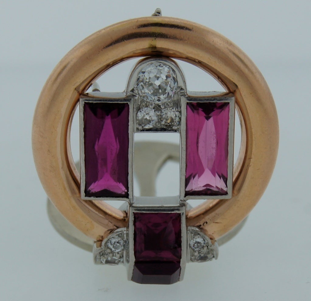 Cartier 1920s Diamond Pink Tourmaline & Rose Gold Clip Pin Brooch 1