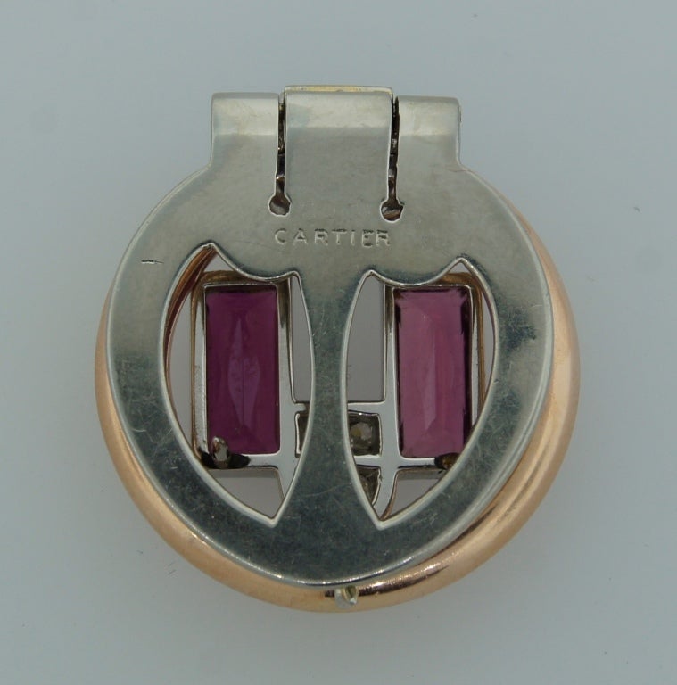 Cartier 1920s Diamond Pink Tourmaline & Rose Gold Clip Pin Brooch 2