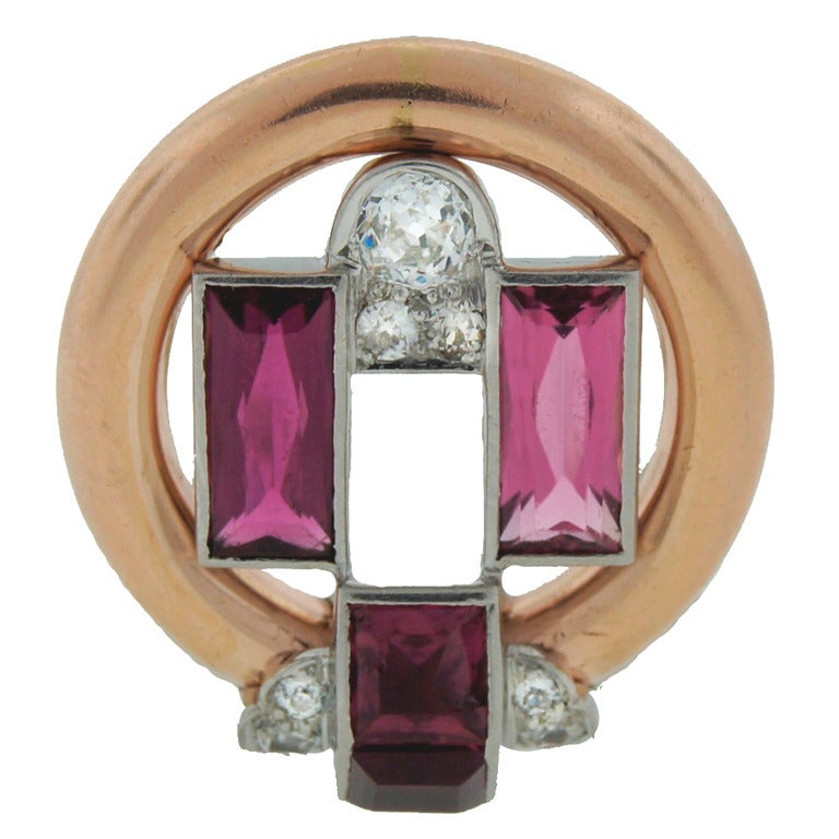 Cartier 1920s Diamond Pink Tourmaline & Rose Gold Clip Pin Brooch
