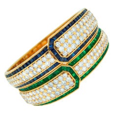 1970s Pair of Diamond Emerald Sapphire & Yellow Gold Bangle Bracelets by Adler