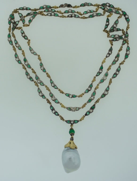 1970s Buccellati Baroque Pearl Diamond Emerald & Gold Necklace In Excellent Condition In Beverly Hills, CA