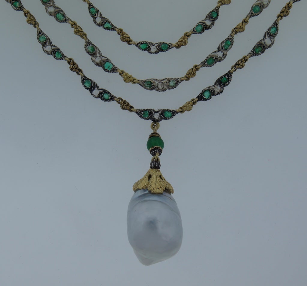 Women's 1970s Buccellati Baroque Pearl Diamond Emerald & Gold Necklace
