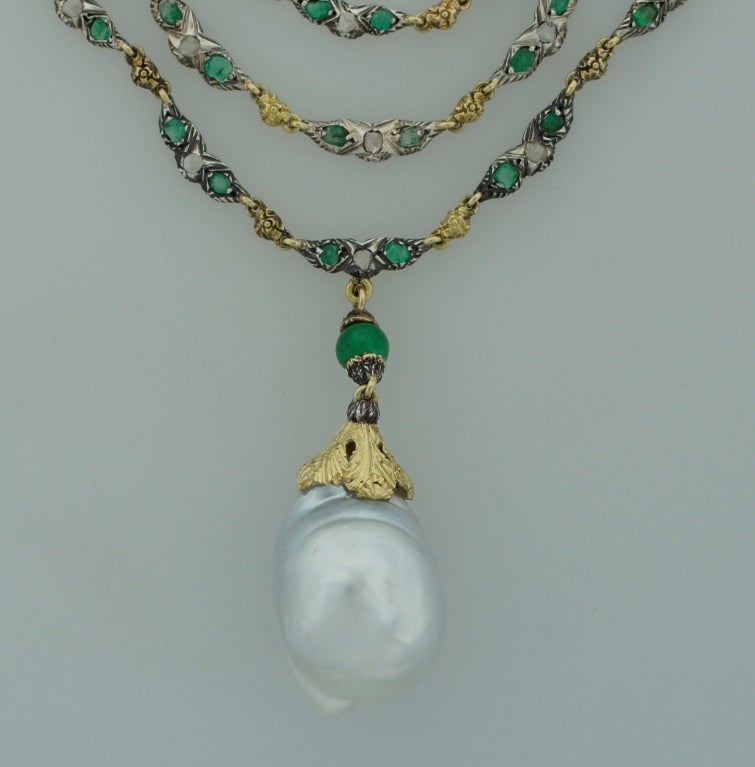 1970s Buccellati Baroque Pearl Diamond Emerald & Gold Necklace 1