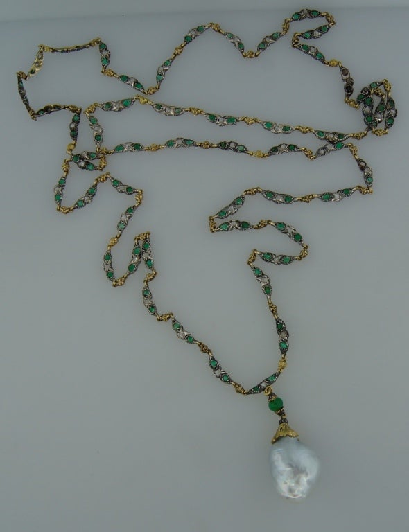 1970s Buccellati Baroque Pearl Diamond Emerald & Gold Necklace 2
