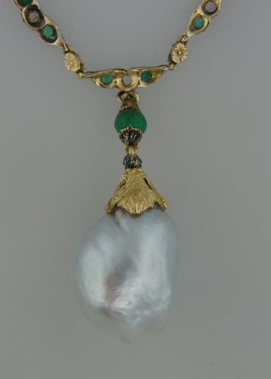 1970s Buccellati Baroque Pearl Diamond Emerald & Gold Necklace 3