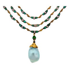 1970s Buccellati Baroque Pearl Diamond Emerald & Gold Necklace
