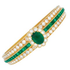 Vintage Van Cleef & Arpels Emerald Diamond Yellow Gold Bangle Bracelet VCA 1980s