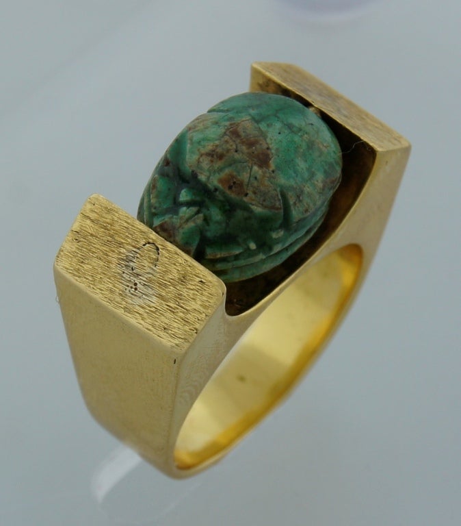 Carved Scarab Yellow Gold Ring Egyptian Revival 1930s 2