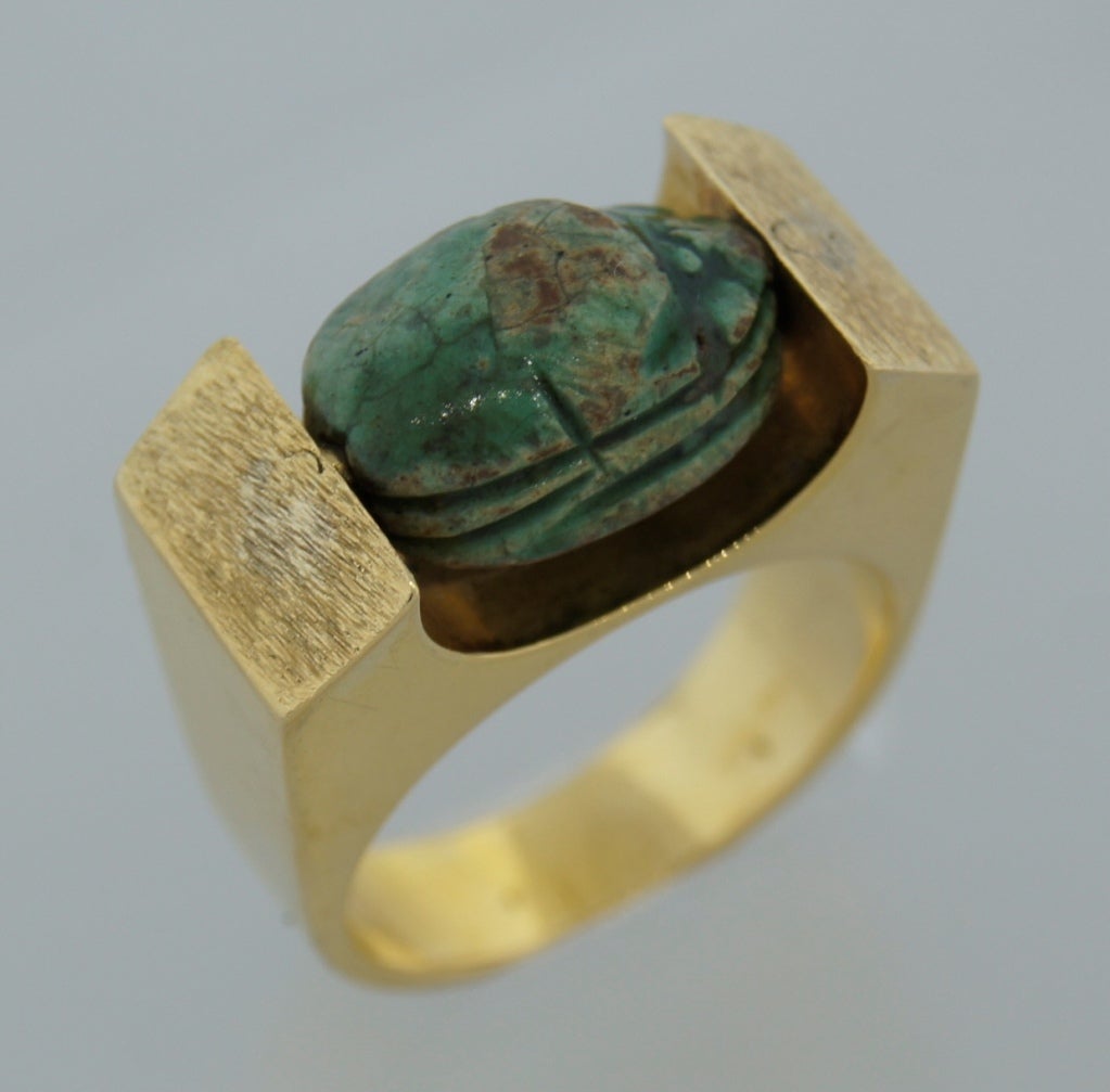 Carved Scarab Yellow Gold Ring Egyptian Revival 1930s 3