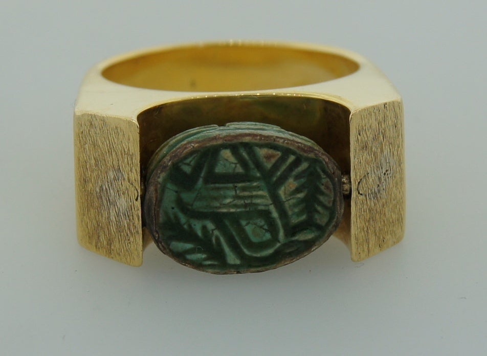 Carved Scarab Yellow Gold Ring Egyptian Revival 1930s 4