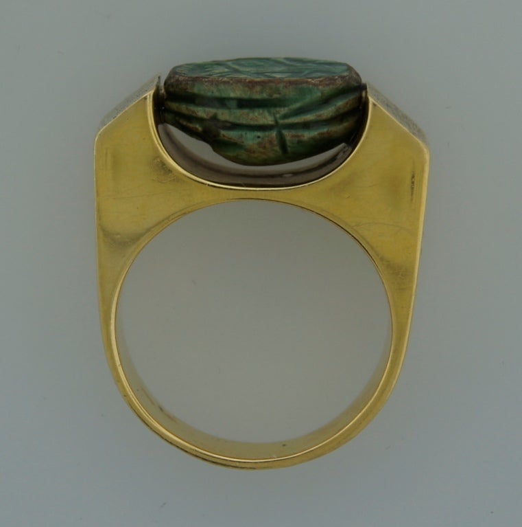 Carved Scarab Yellow Gold Ring Egyptian Revival 1930s 5