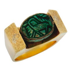 1930s Egyptian Revival Carved Turquoise & Yellow Gold Ring 2