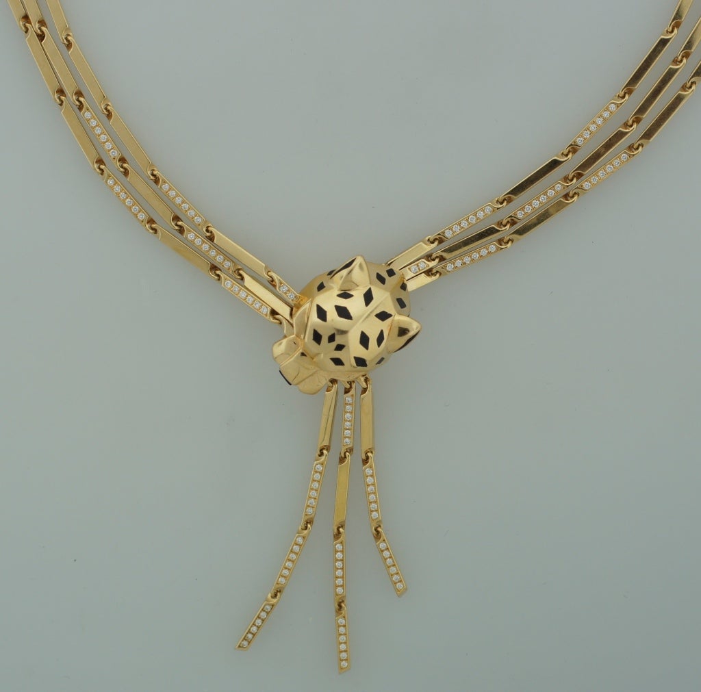 Cartier Diamond Black Onyx Yellow Gold Panther Necklace In Excellent Condition In Beverly Hills, CA