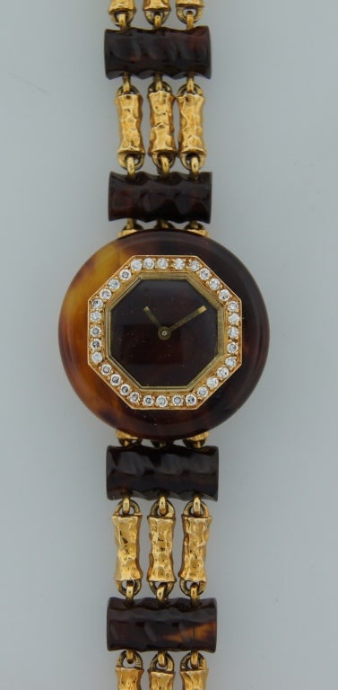 Boucheron Lady's Yellow Gold, Bakelite and Diamond Bracelet Watch circa 1970s In Excellent Condition For Sale In Beverly Hills, CA