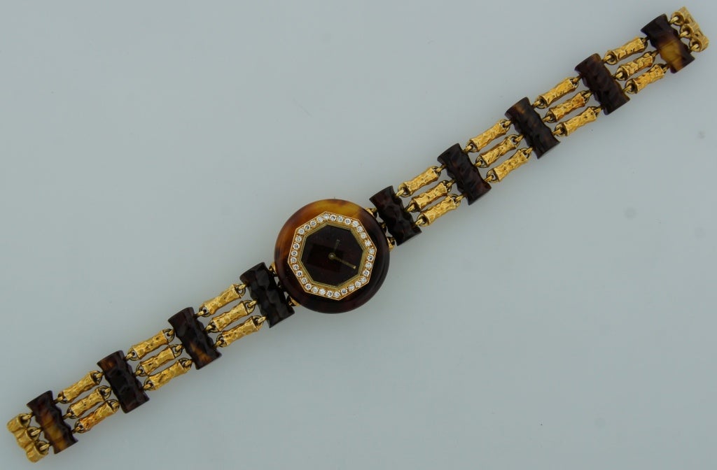 Women's Boucheron Lady's Yellow Gold, Bakelite and Diamond Bracelet Watch circa 1970s For Sale