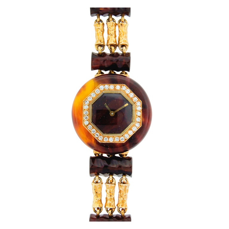 Boucheron Lady's Yellow Gold, Bakelite and Diamond Bracelet Watch circa 1970s