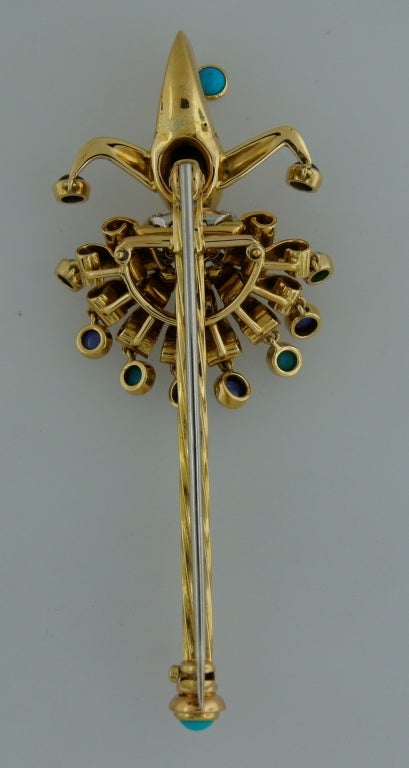 1950's Cartier Turquoise Sapphire Diamond & Yellow Gold Jester Pin Brooch In Excellent Condition In Beverly Hills, CA