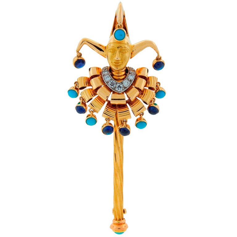 1950's Cartier Turquoise Sapphire Diamond & Yellow Gold Jester Pin Brooch