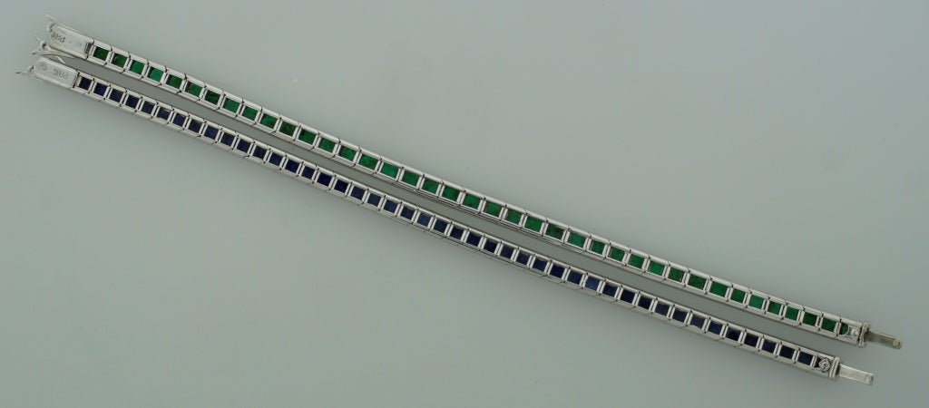 Art Deco Emerald Sapphire & Platinum Tennis Bracelet Duo 4
