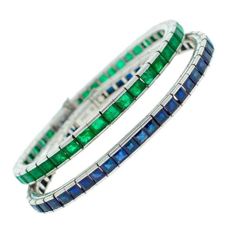 Art Deco Emerald Sapphire & Platinum Tennis Bracelet Duo