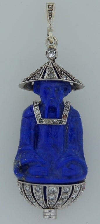 Art Deco Chinoiserie Lacloche Lapis Lazuli Diamond Pendant In Excellent Condition In Beverly Hills, CA