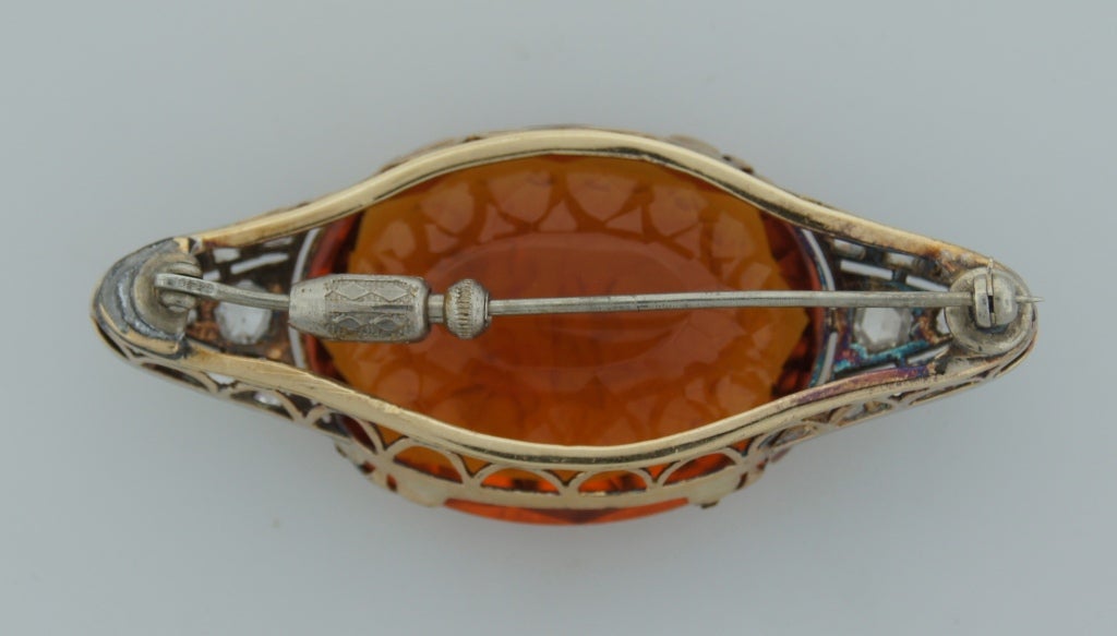 c.1900's Carved Citrine Diamond Silver & Gold Brooch Pin 2
