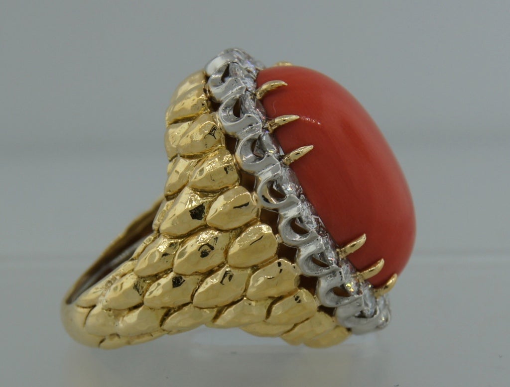 DAVID WEBB Coral Diamond & Yellow Gold Ring 1