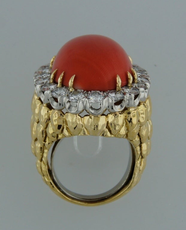 DAVID WEBB Coral Diamond & Yellow Gold Ring 2