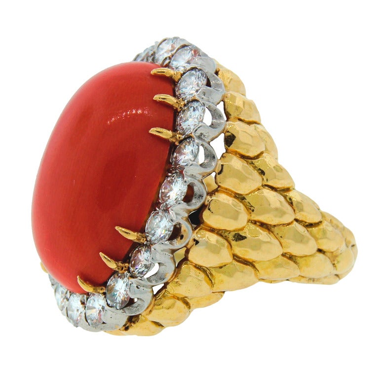 DAVID WEBB Coral Diamond & Yellow Gold Ring