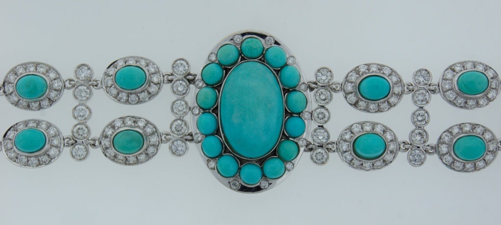 Vintage Greenleaf & Crosby Turquoise Diamond 18k Gold Bracelet In Excellent Condition In Beverly Hills, CA